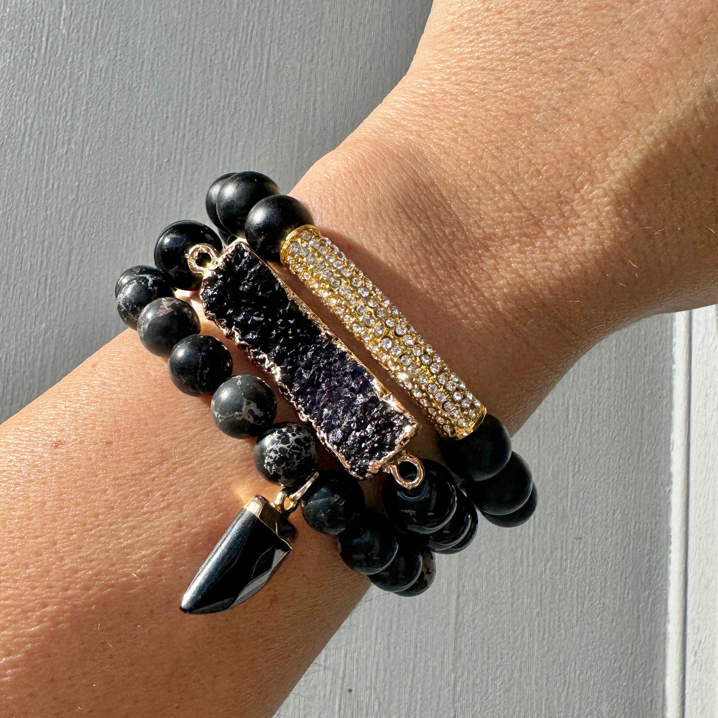 Black ‘Haven’ Boho Bracelet Set – with Druzy Stone, Jasper Beads & Horn Charm
