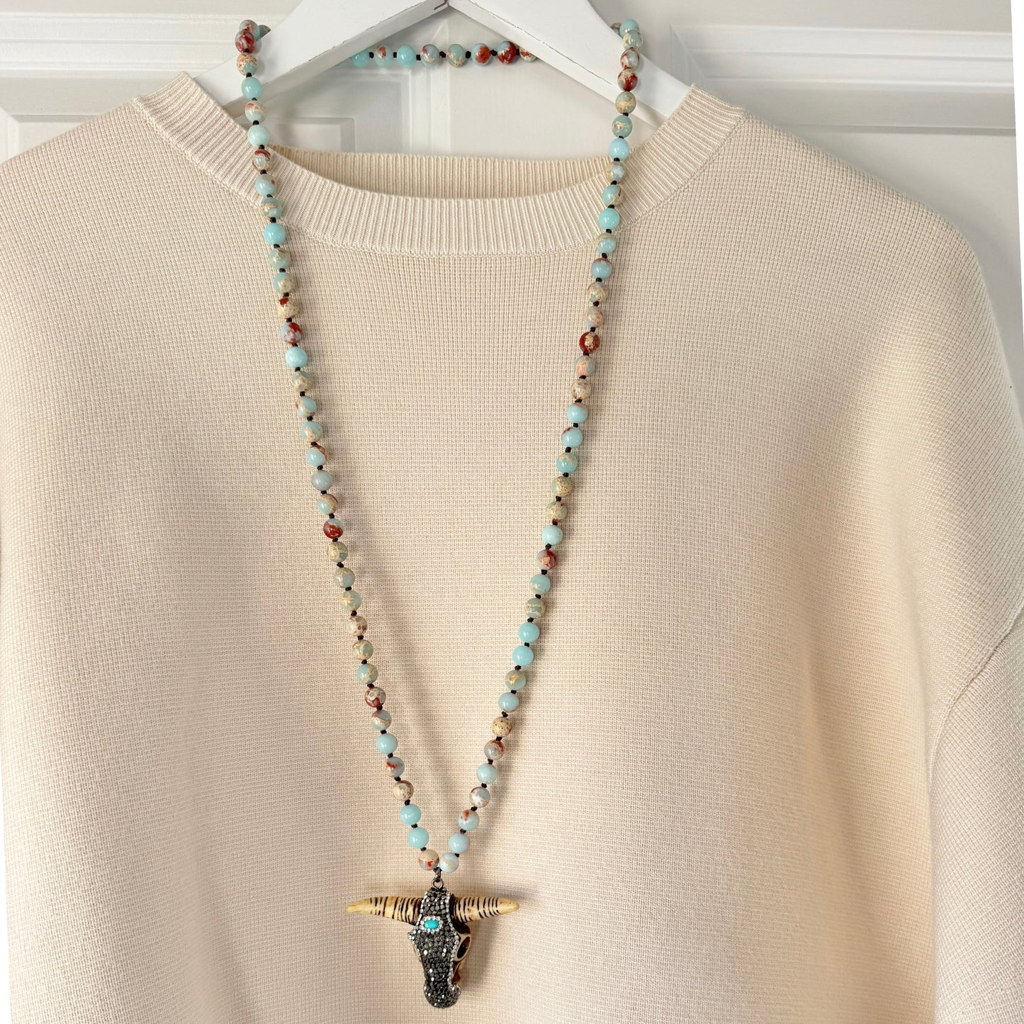 Light Blue ‘Buffy’ Natural Stone Beaded Necklace with Sparkling Buffalo Head Pendant