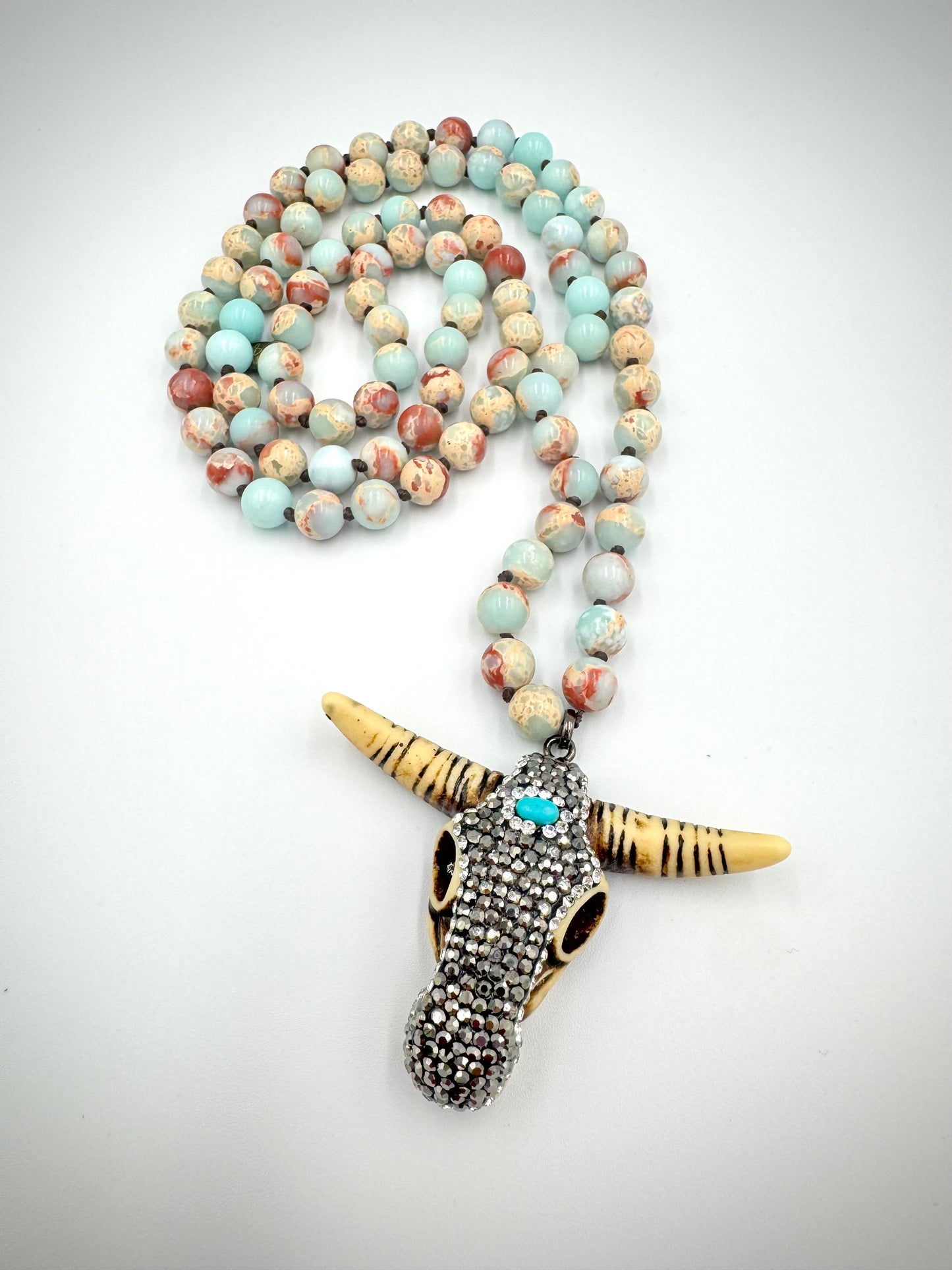 Light Blue ‘Buffy’ Natural Stone Beaded Necklace with Sparkling Buffalo Head Pendant