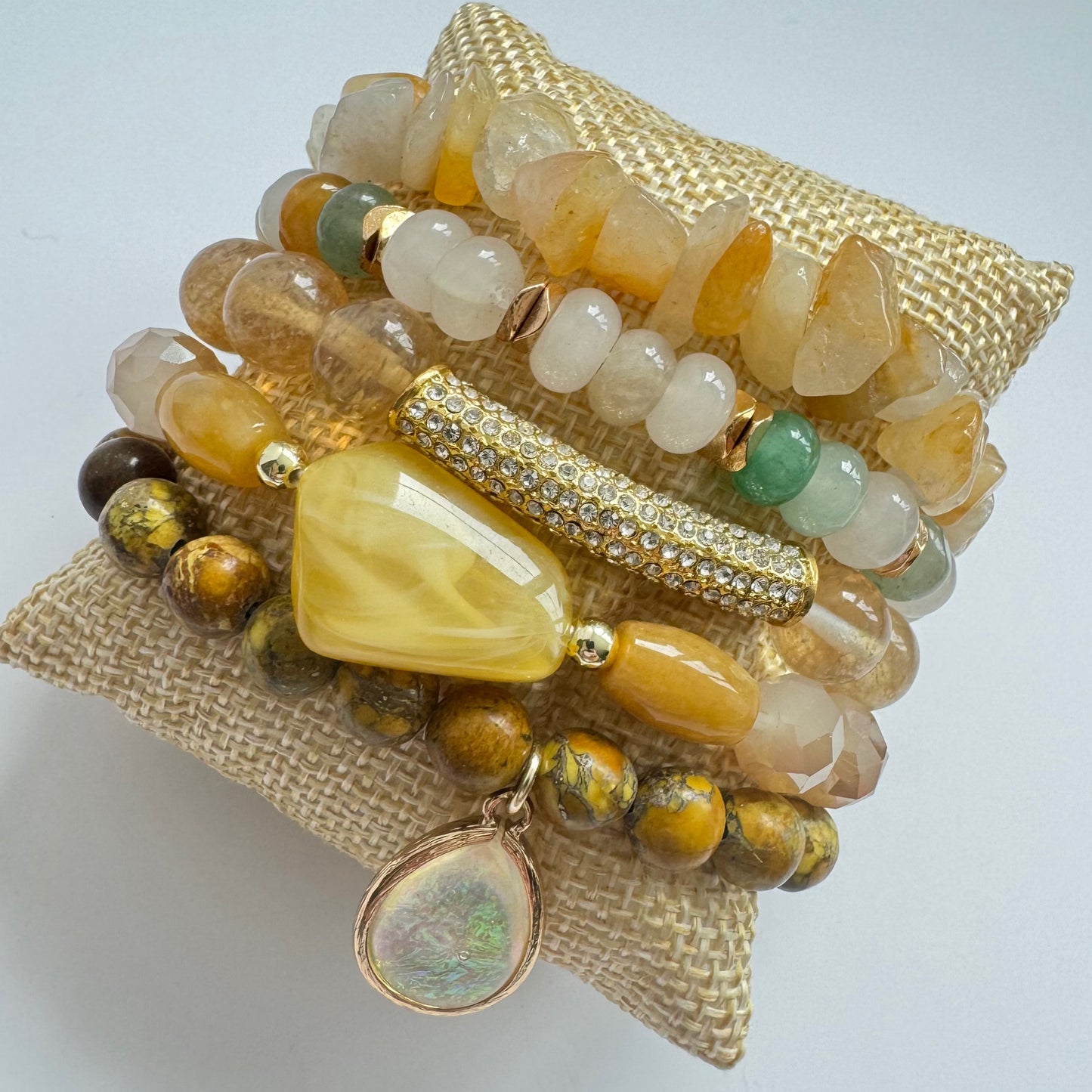 ‘Honey’ Boho Bracelet Set with Agate, Jasper & Rhinestones