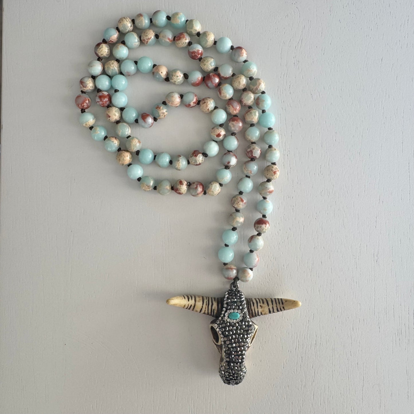 Light Blue ‘Buffy’ Natural Stone Beaded Necklace with Sparkling Buffalo Head Pendant