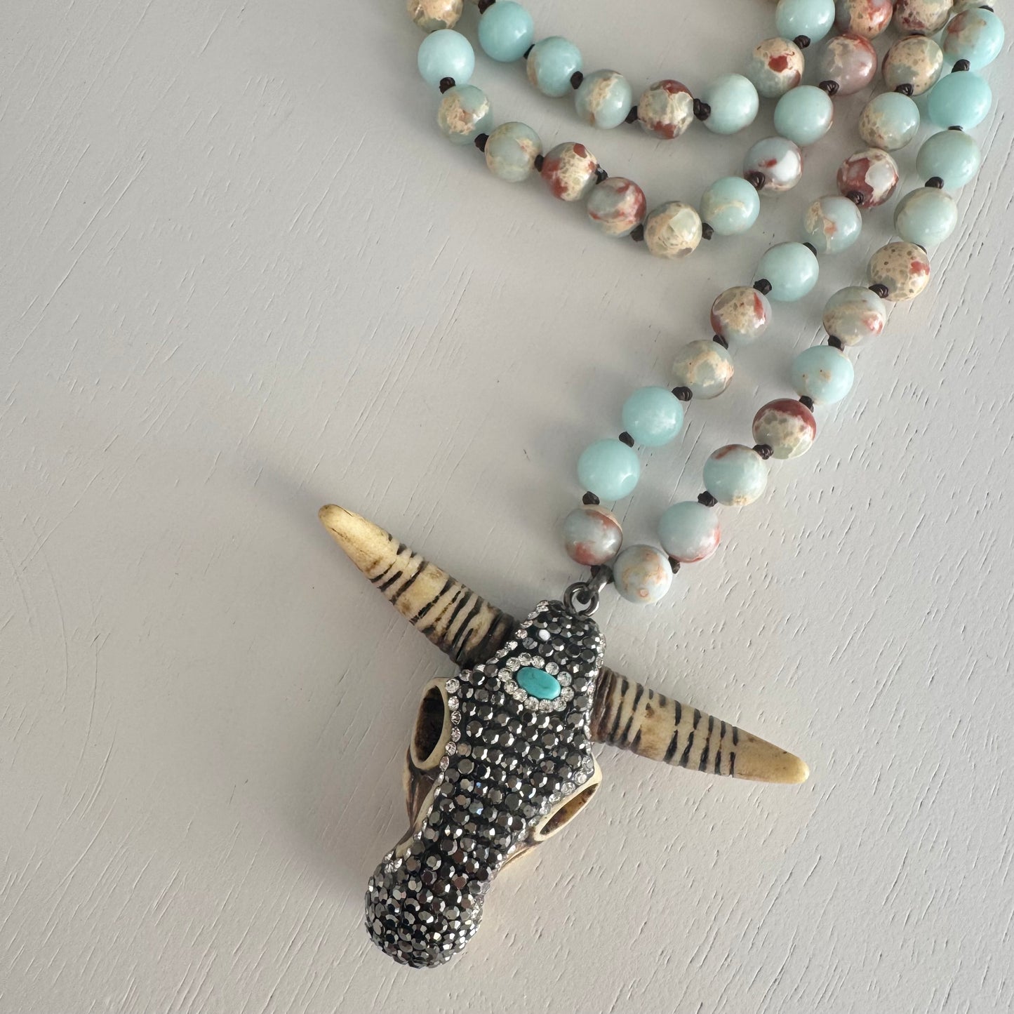 Light Blue ‘Buffy’ Natural Stone Beaded Necklace with Sparkling Buffalo Head Pendant