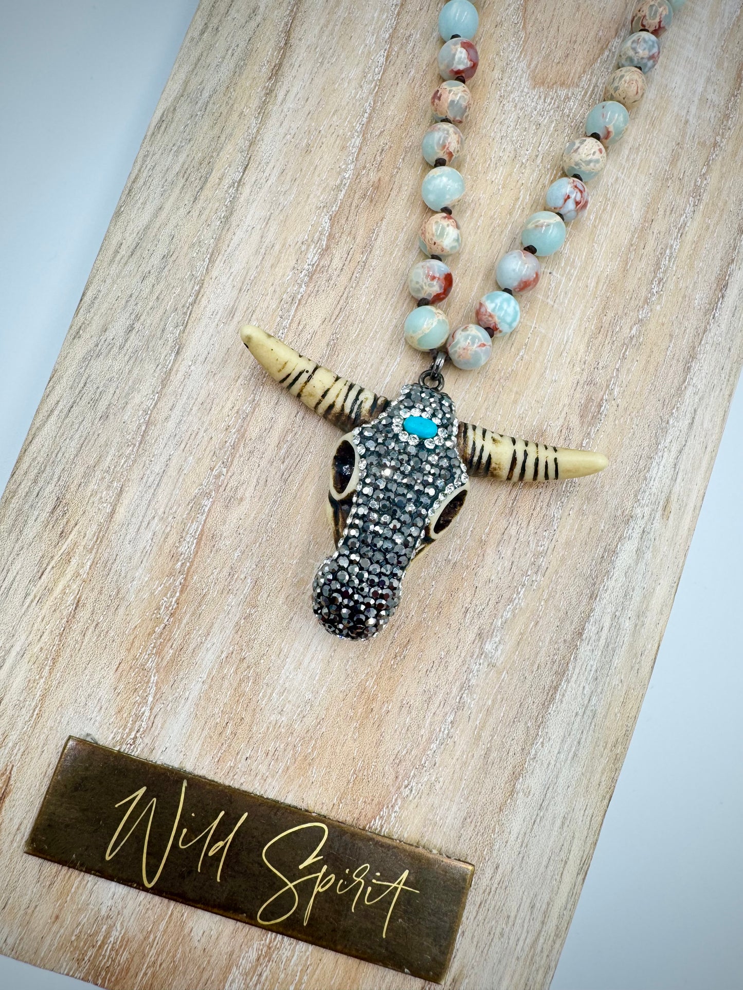 Light Blue ‘Buffy’ Natural Stone Beaded Necklace with Sparkling Buffalo Head Pendant