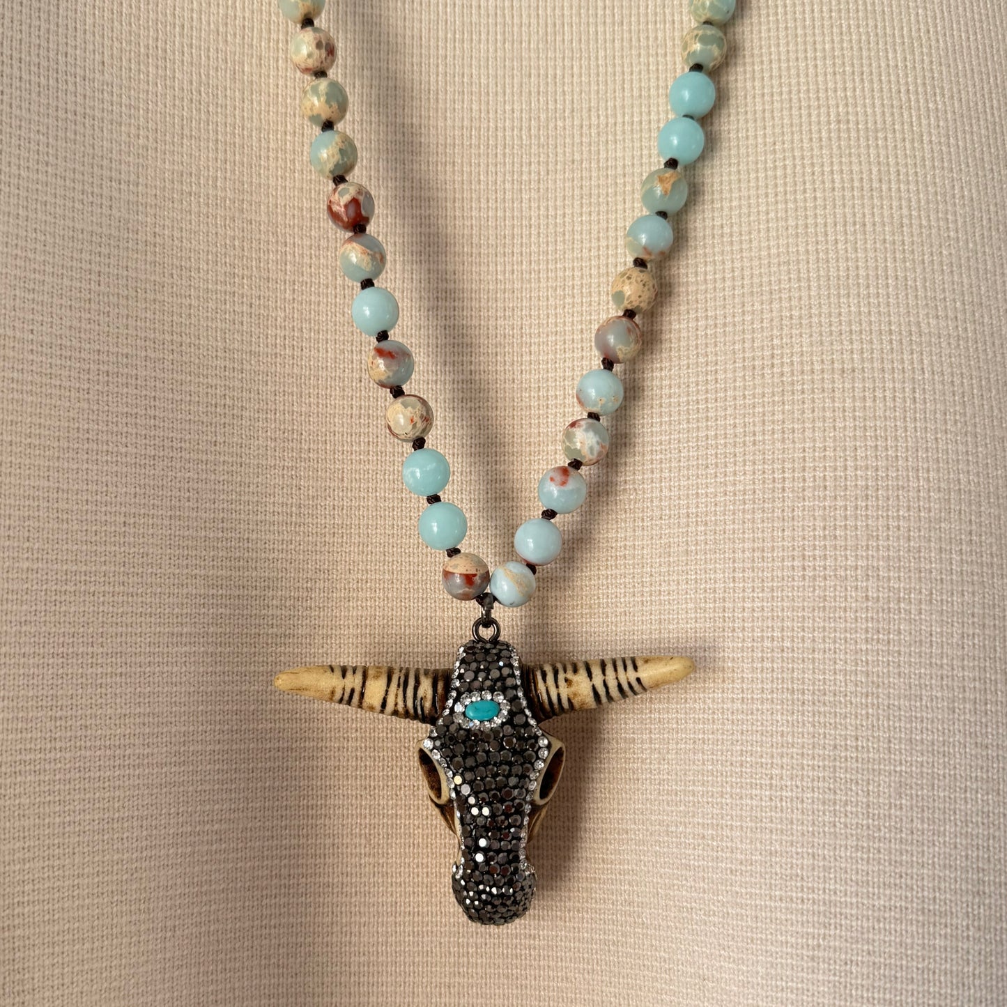 Light Blue ‘Buffy’ Natural Stone Beaded Necklace with Sparkling Buffalo Head Pendant