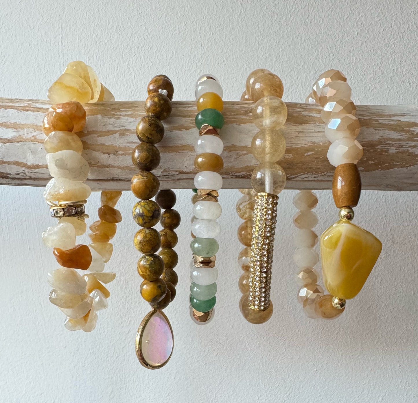‘Honey’ Boho Bracelet Set with Agate, Jasper & Rhinestones