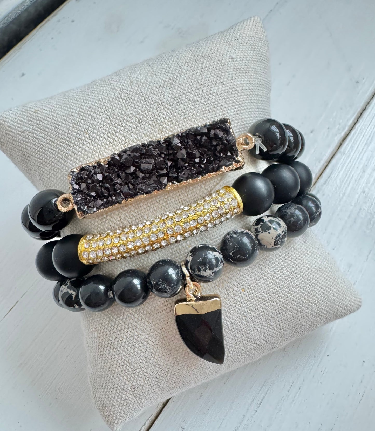 Black ‘Haven’ Boho Bracelet Set – with Druzy Stone, Jasper Beads & Horn Charm