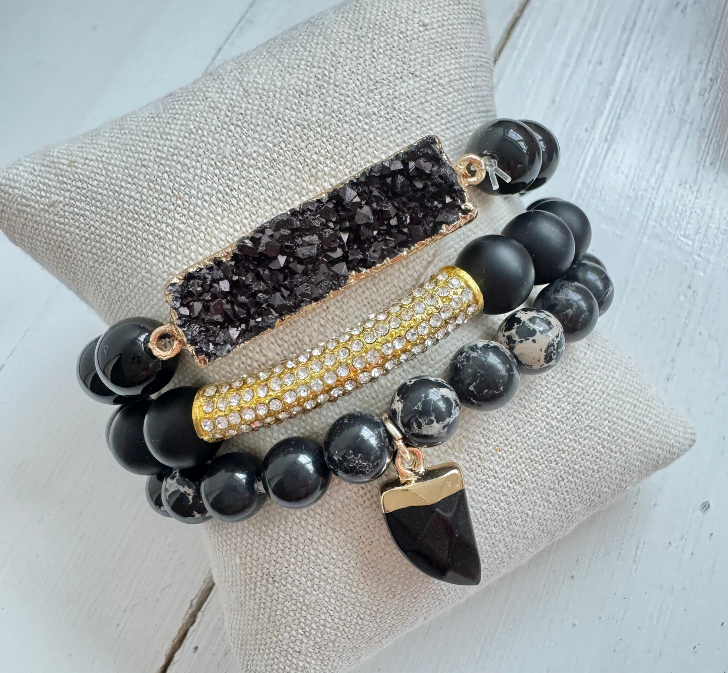 Black ‘Haven’ Boho Bracelet Set – with Druzy Stone, Jasper Beads & Horn Charm