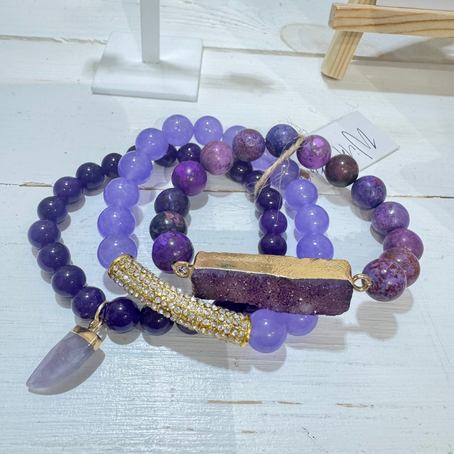 Purple ‘Haven’ Boho Bracelet Set – with Druzy Stone, Jasper Beads & Horn Charm
