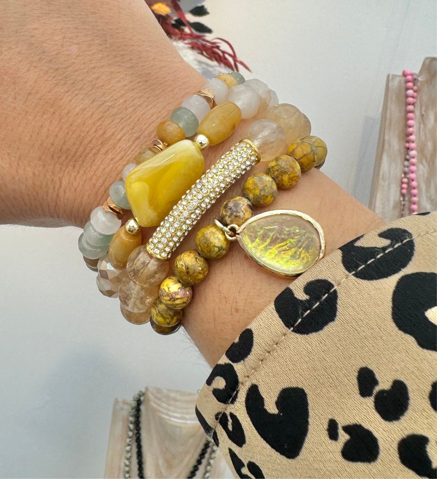 ‘Honey’ Boho Bracelet Set with Agate, Jasper & Rhinestones