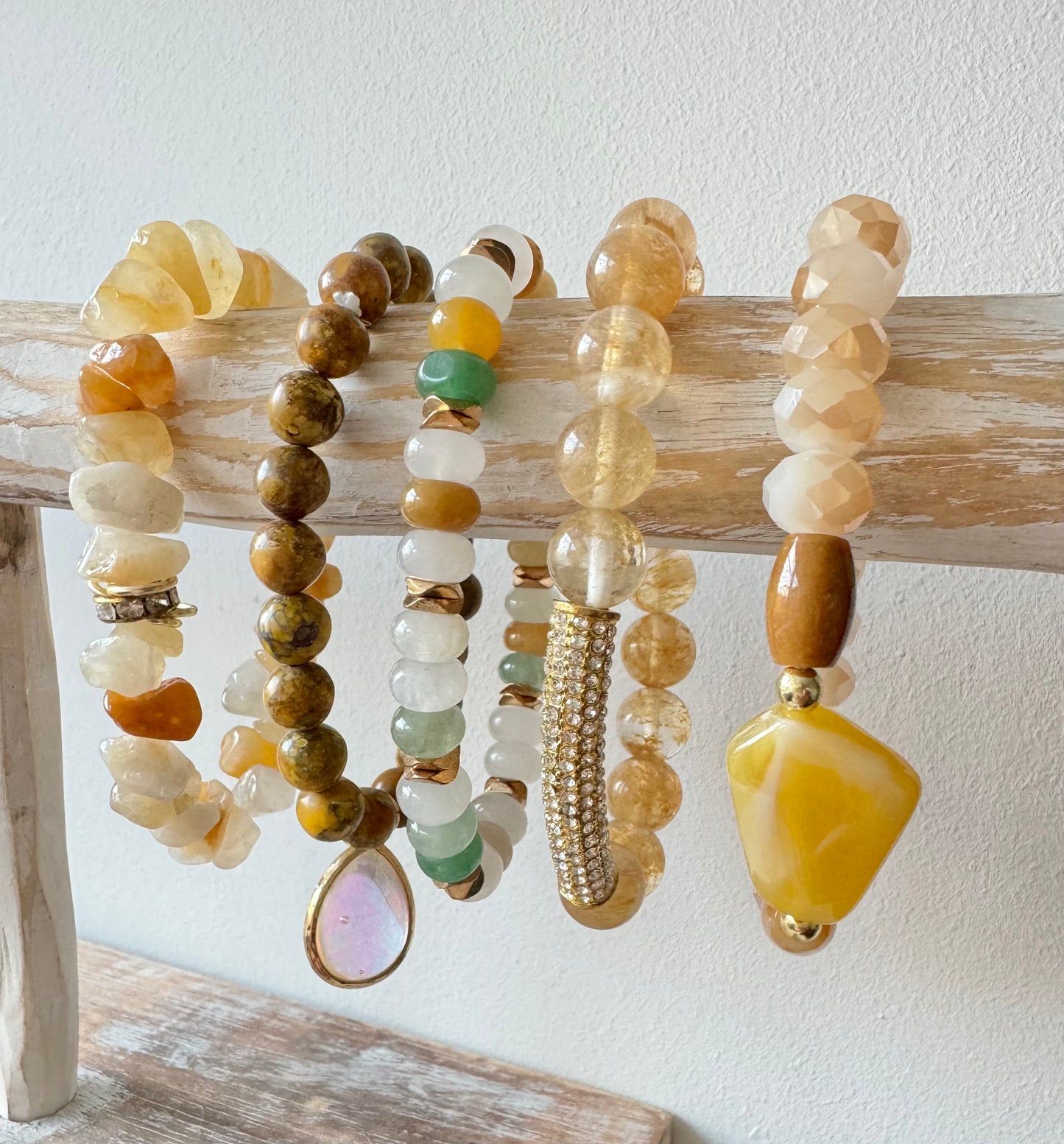 ‘Honey’ Boho Bracelet Set with Agate, Jasper & Rhinestones