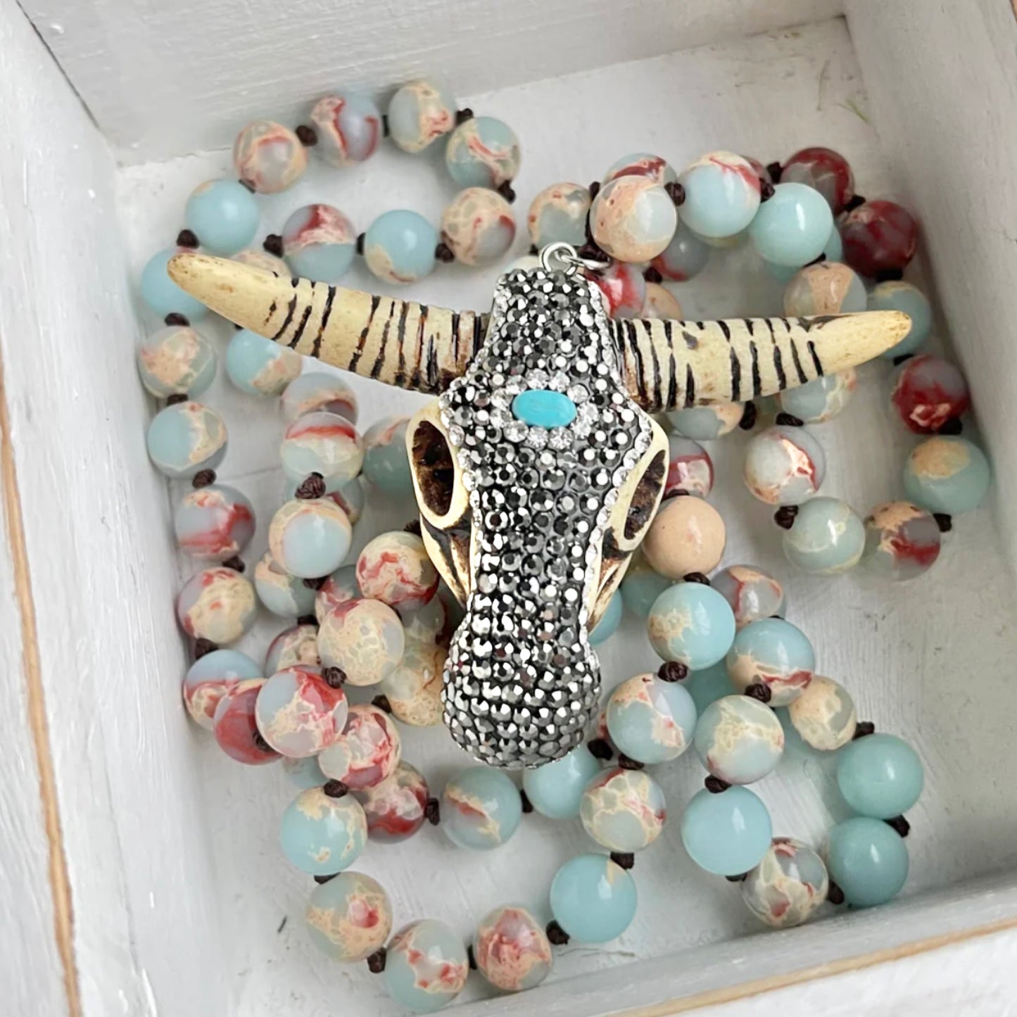 Light Blue ‘Buffy’ Natural Stone Beaded Necklace with Sparkling Buffalo Head Pendant