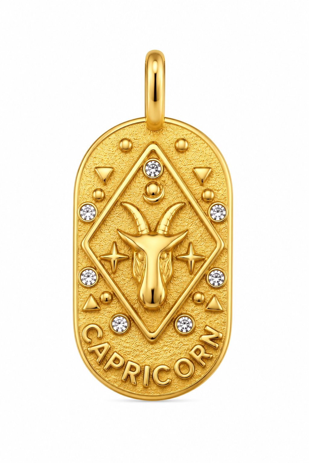 a gold pendant with a goat head and diamonds