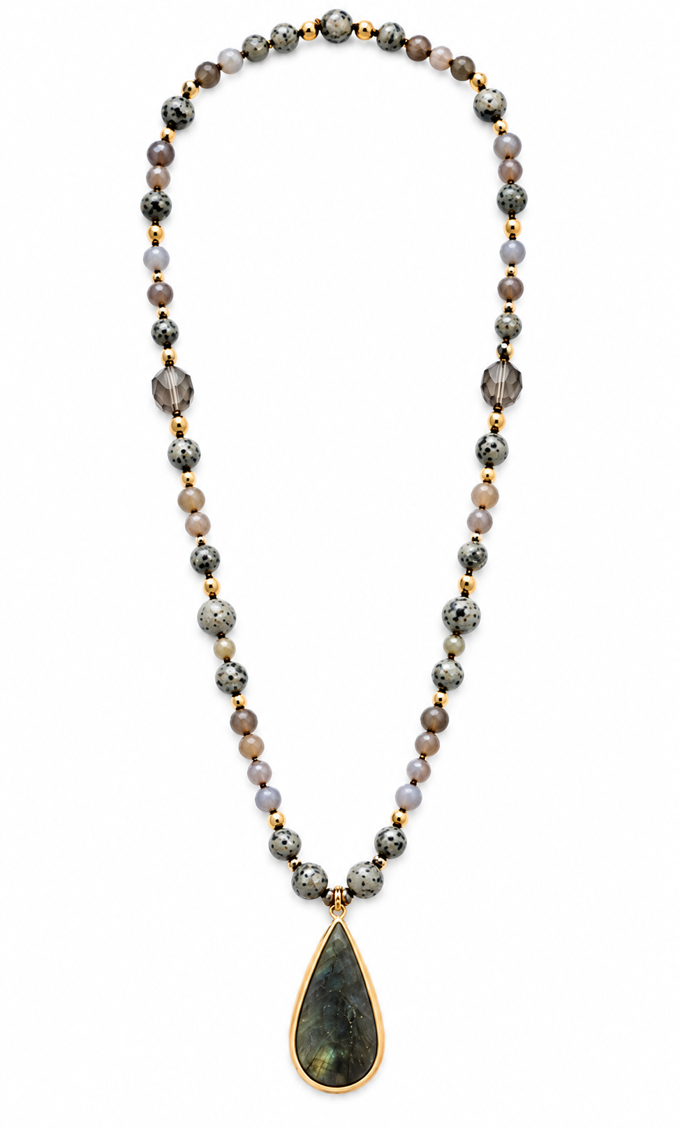 a necklace with beads and a pendant