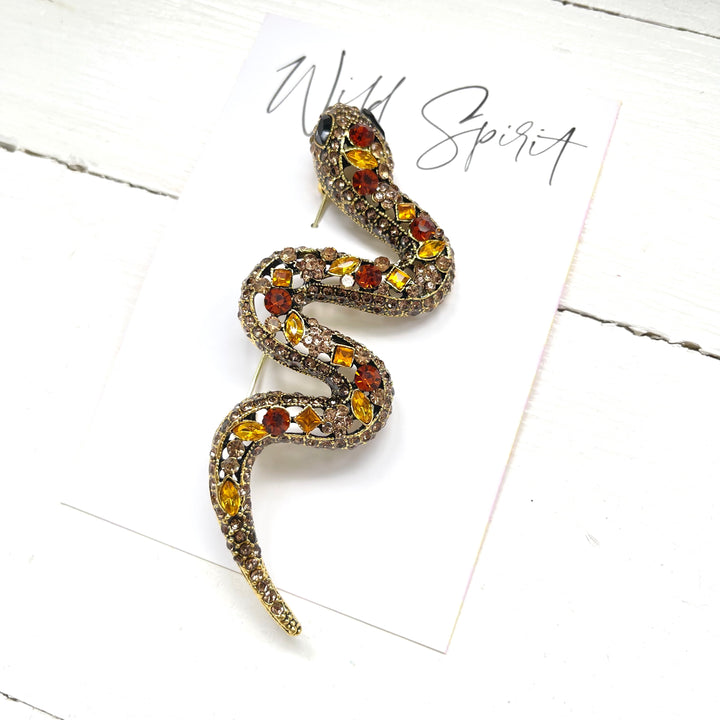 Snake Statement Crystal Brooch Pin - Gold