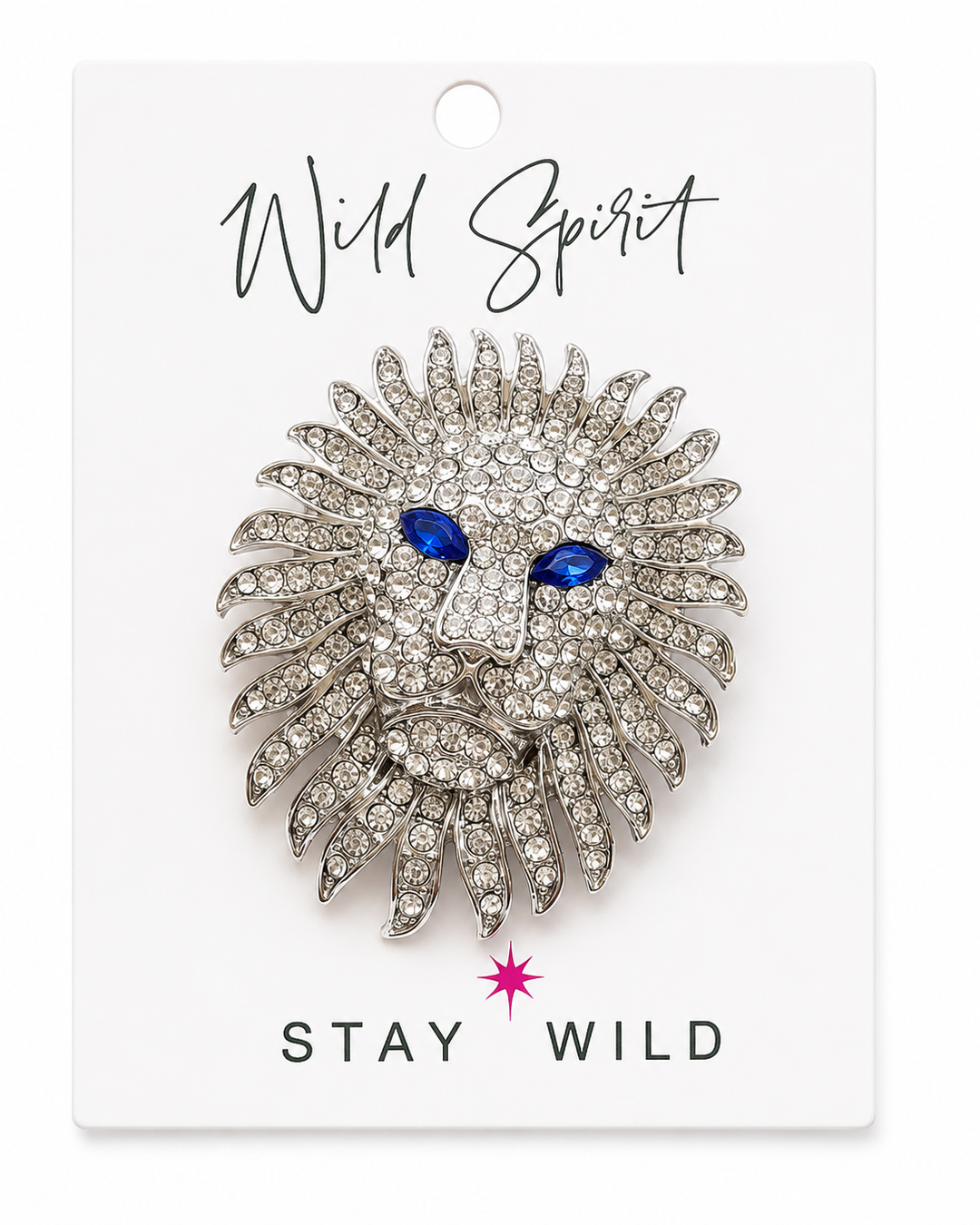 Lion Statement Crystal Brooch Pin - Silver