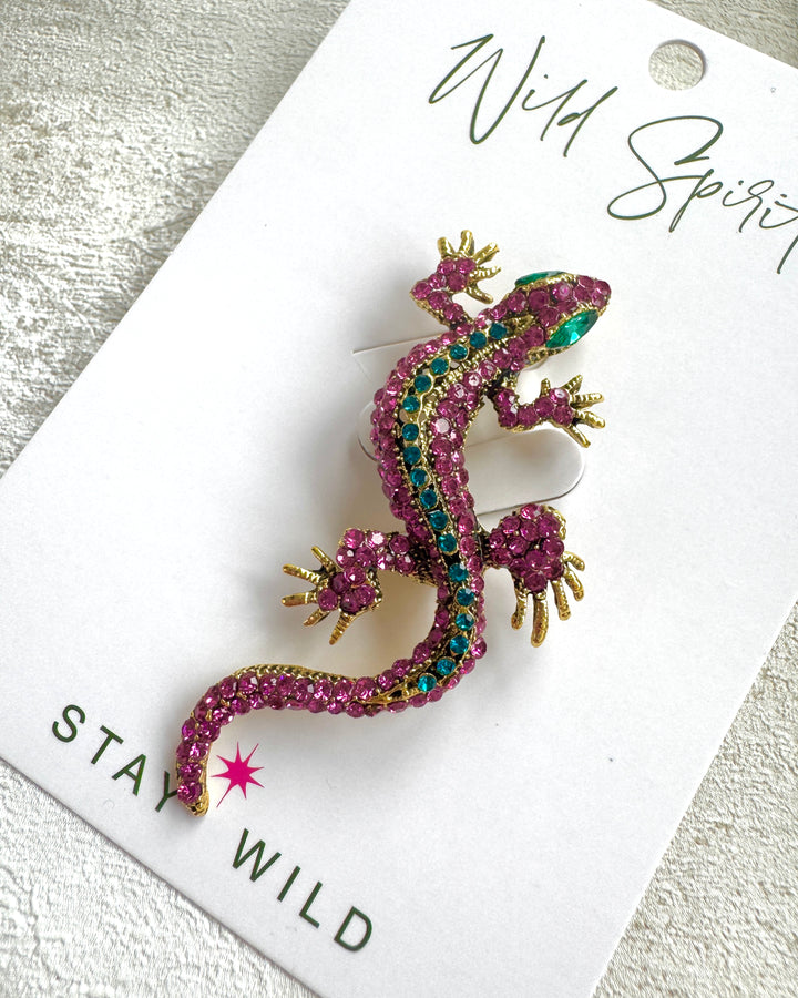 Gecko Statement Crystal Brooch Pin - Pink