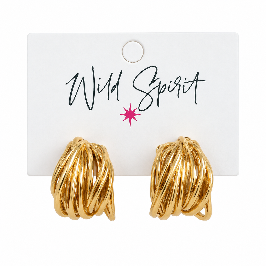 a pair of gold earrings on a white card