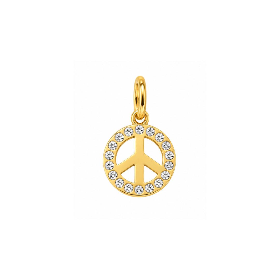 a gold peace sign pendant with diamonds