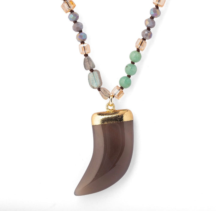 Grey Agate Horn Beaded Boho Necklace