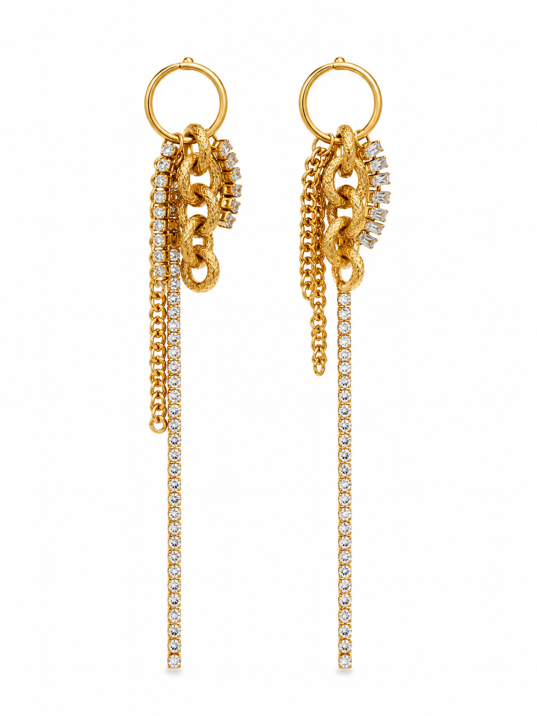 a pair of gold earrings with diamonds