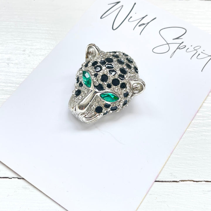 Cheetah Crystal Brooch Pin - Silver