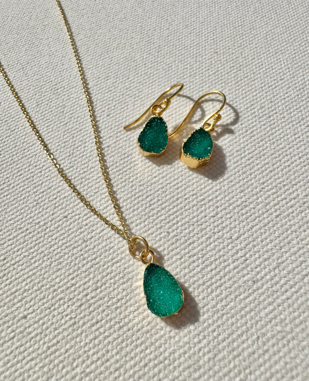 Dainty Gold Plated Green Druzy Drop Earrings