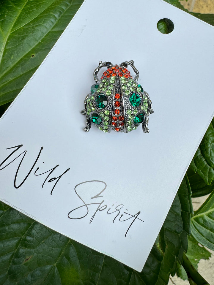 Ladybird Crystal Brooch Pin - Red & Green