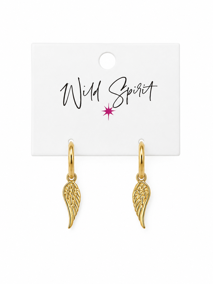 a pair of gold earrings with wings on a white card