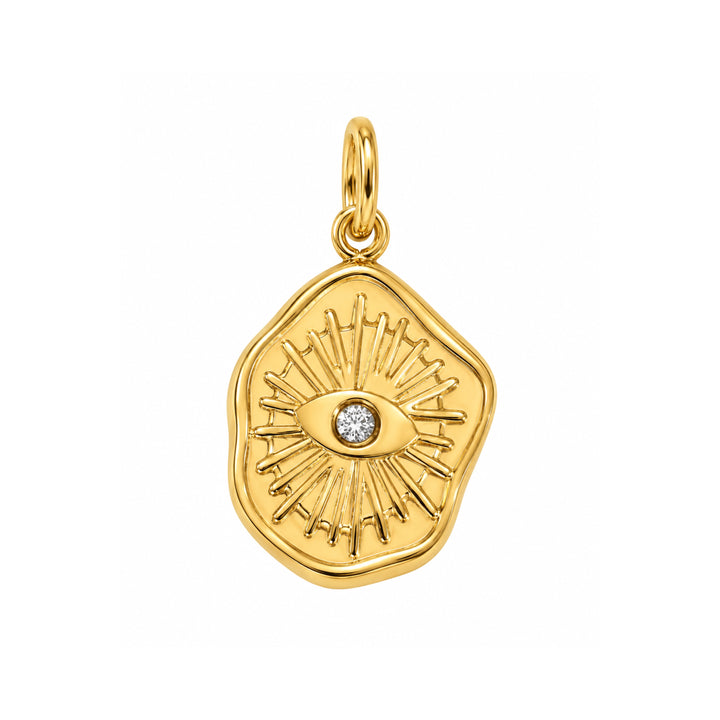 a gold pendant with a diamond eye