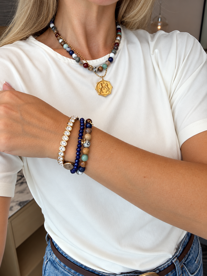 a woman wearing a white shirt and bracelets