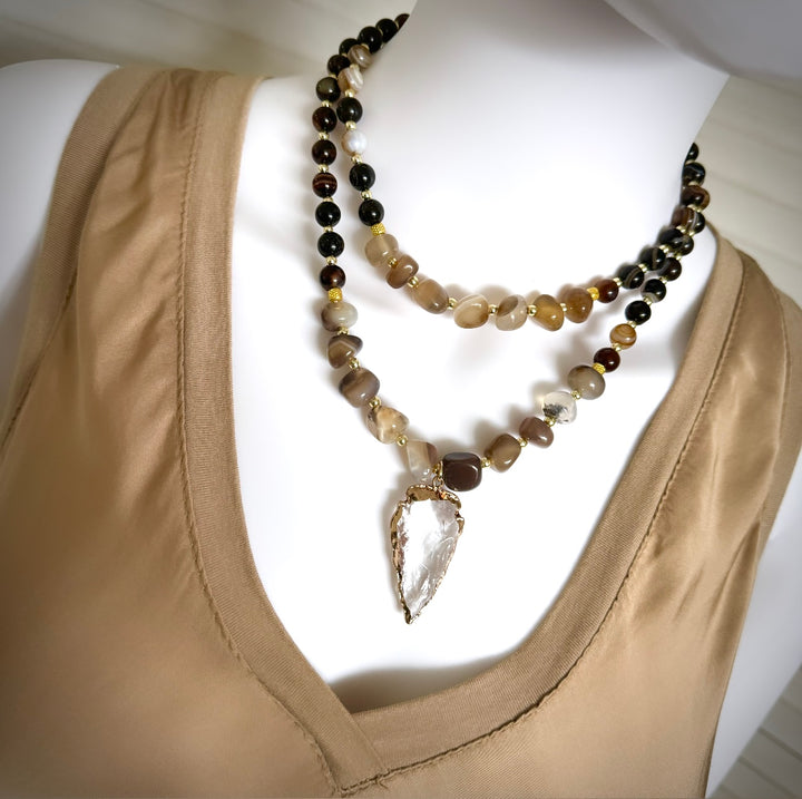 Brown Agate Layered Charm Necklace
