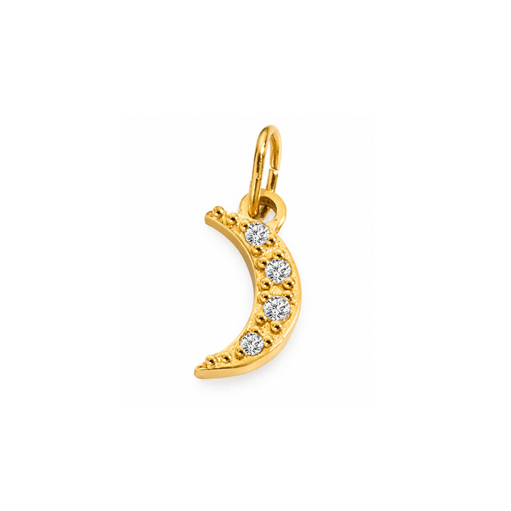 a gold crescent moon pendant with diamonds