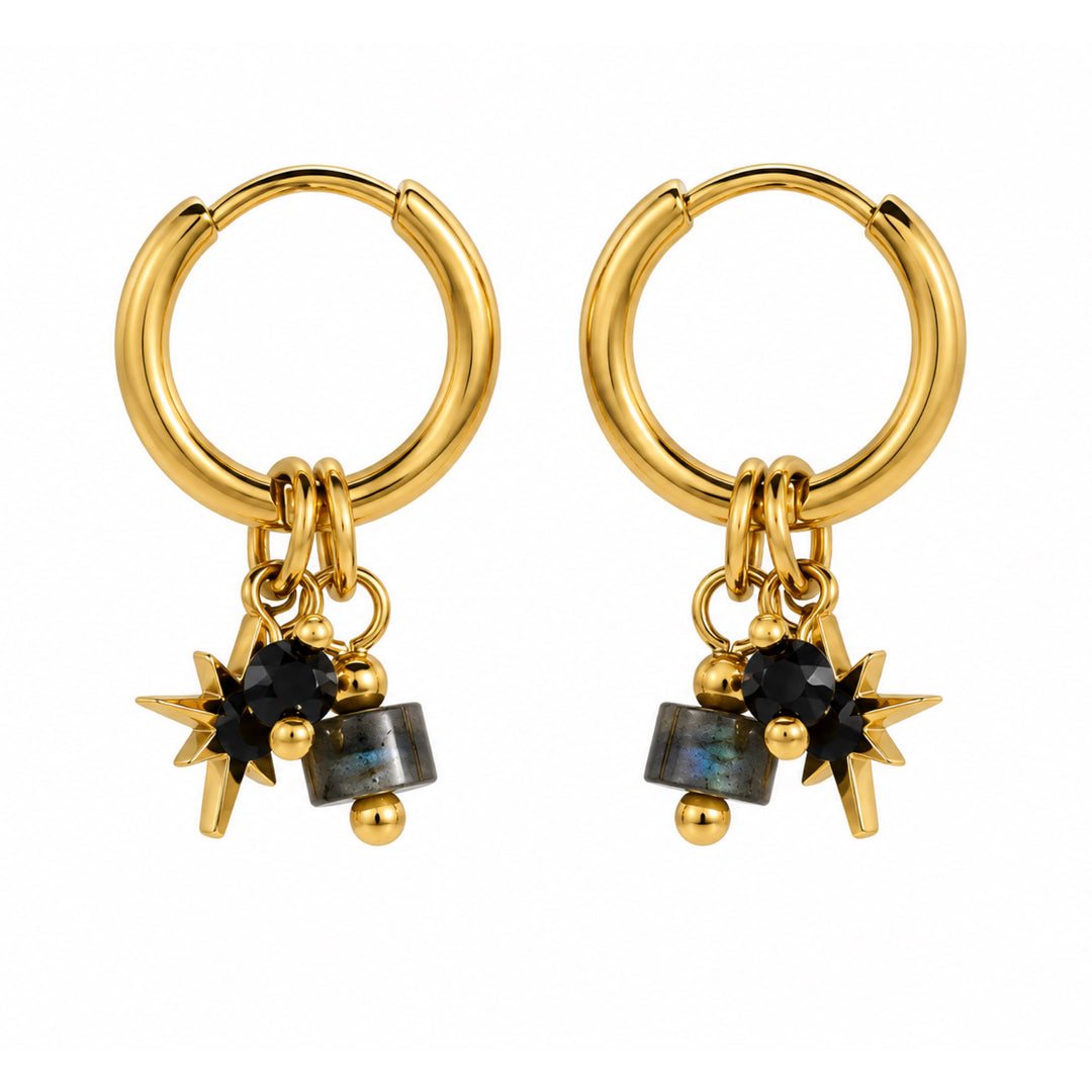 a pair of gold hoop earrings with black and blue stones