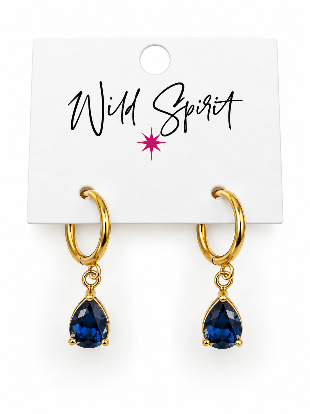 a pair of gold earrings with blue gemstones