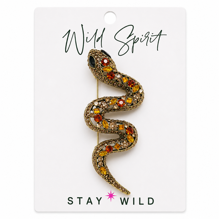 Gold & Amber Snake Statement Crystal Brooch