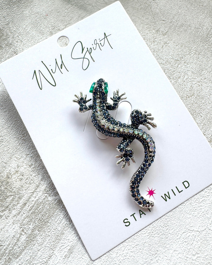 Gecko Statement Crystal Brooch Pin - Navy