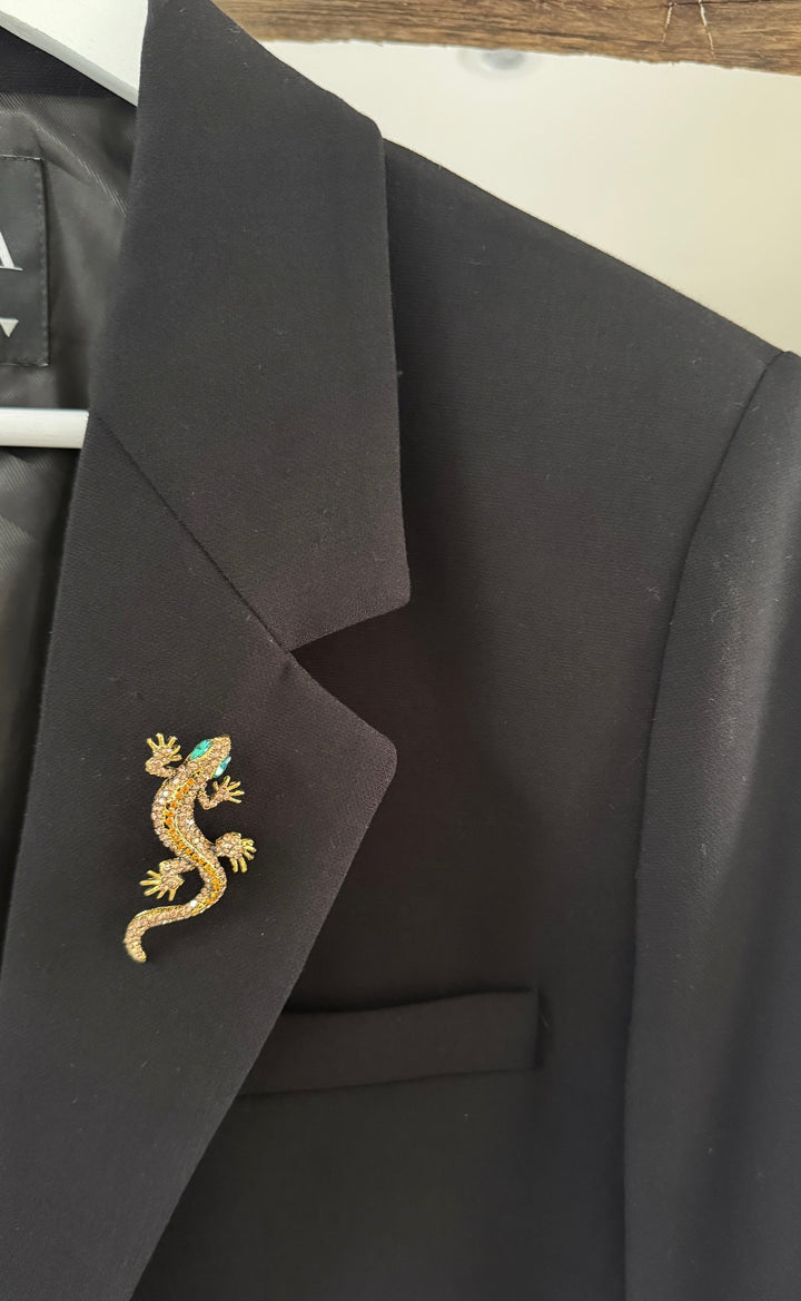 Gecko Statement Crystal Brooch Pin - Gold