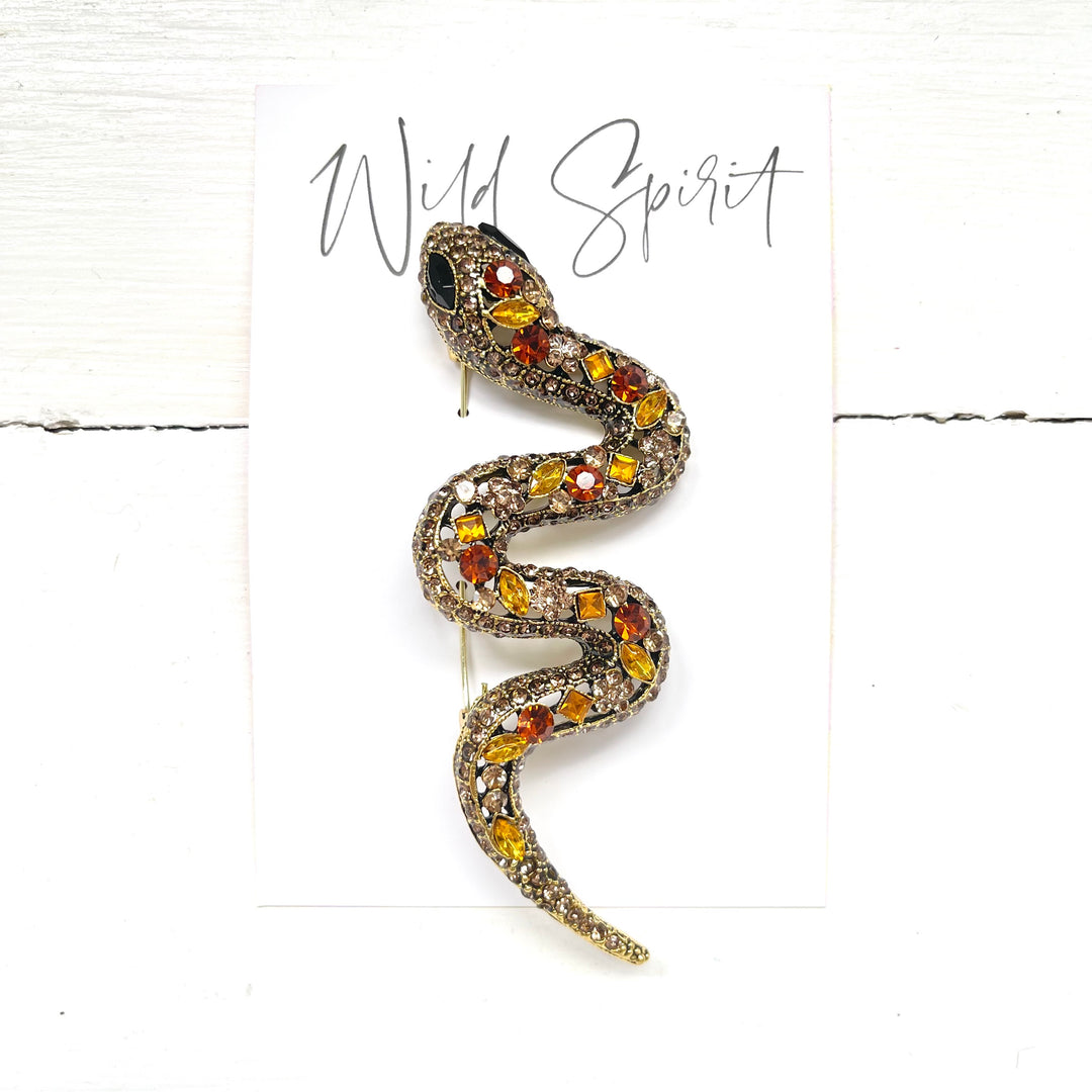 Snake Statement Crystal Brooch Pin - Gold