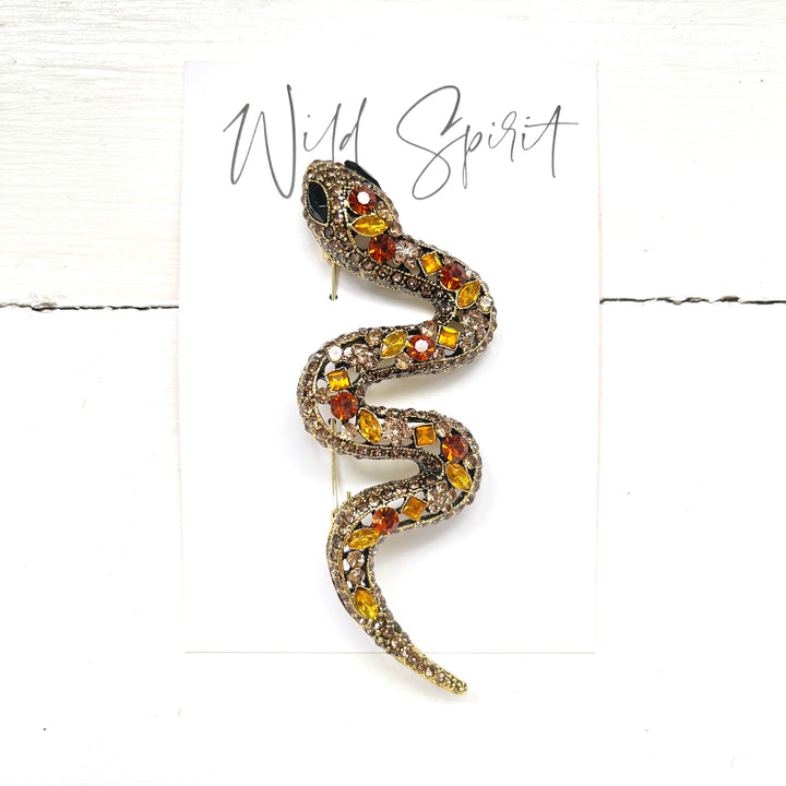 Snake Statement Crystal Brooch Pin - Gold