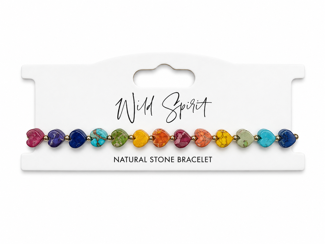 a colorful stone bracelet in a package