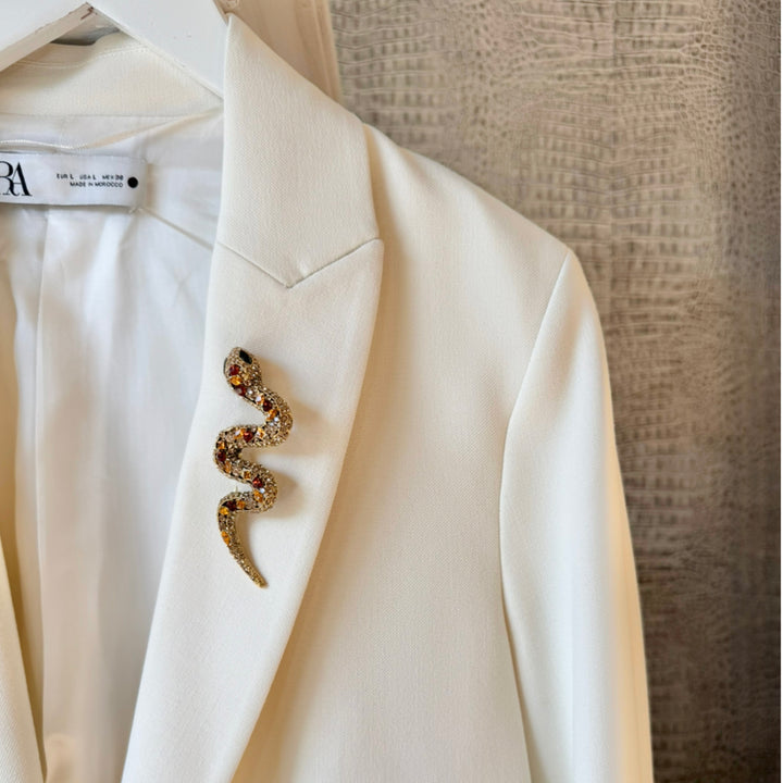 Snake Statement Crystal Brooch Pin - Gold