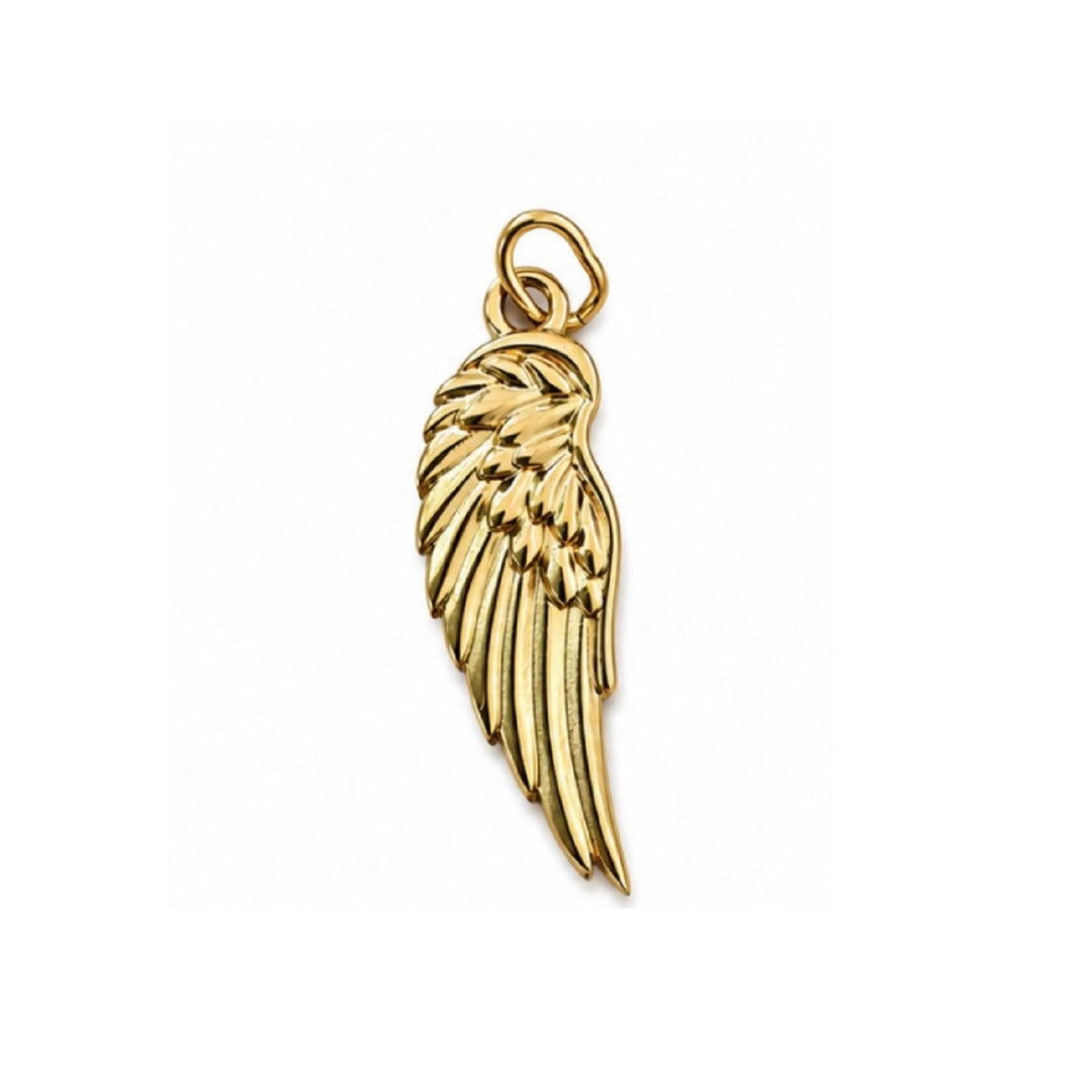 a gold wing pendant with a ring