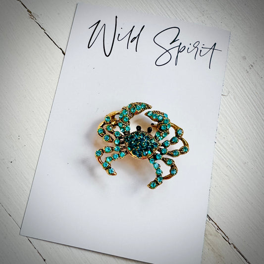 Blue Bling Mini Crab Brooch