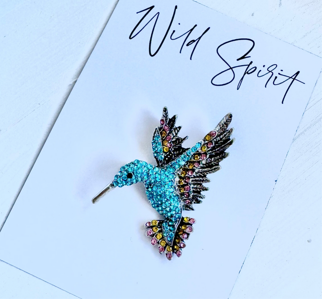 Hummingbird Crystal Brooch Pin - Blue