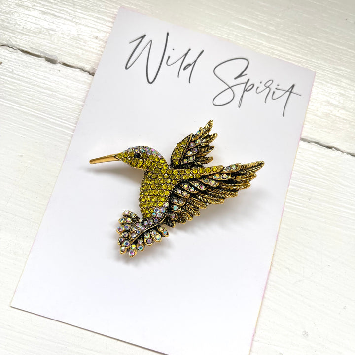 Hummingbird Crystal Brooch Pin - Yellow