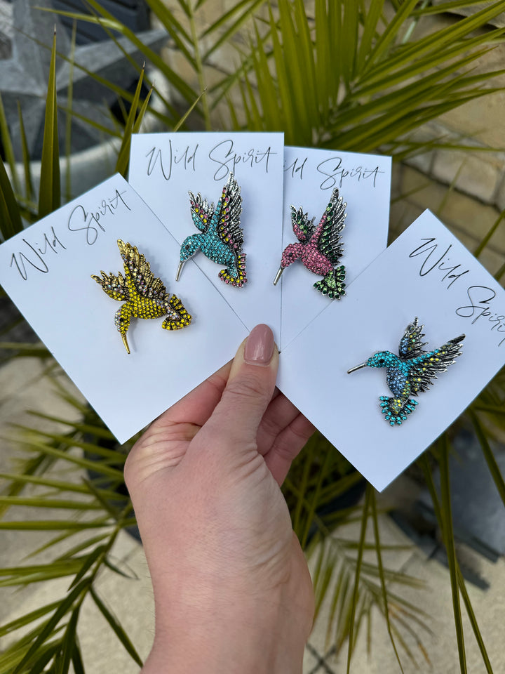 Hummingbird Crystal Brooch Pin - Blue