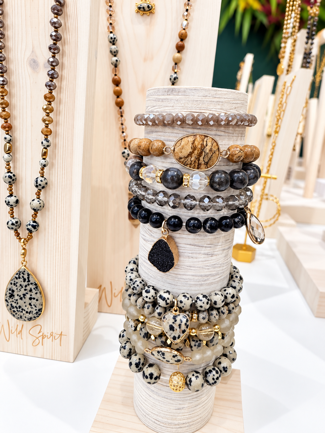 a group of bracelets on a stand