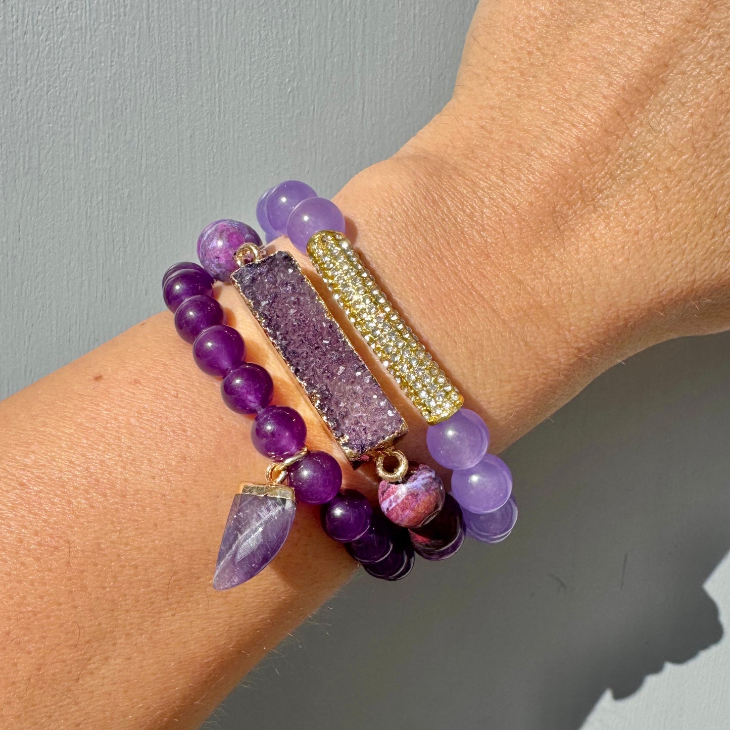 Purple ‘Haven’ Boho Bracelet Set – with Druzy Stone, Jasper Beads & Horn Charm