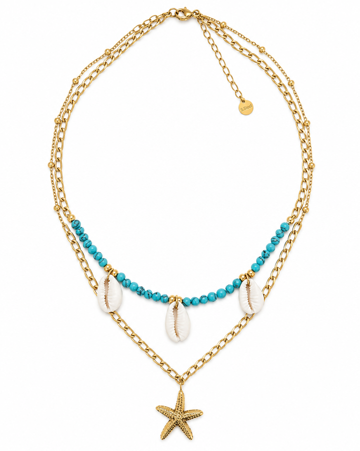 Blue & Gold Shell Cali Layered Charm Necklace