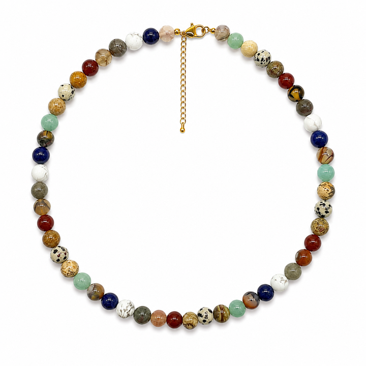 a necklace made of colorful stones